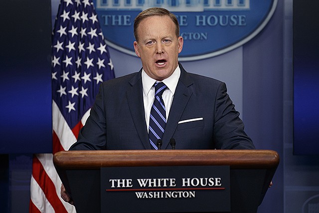 White House press secretary Sean Spicer speaks Tuesday during the White House press briefing in Washington.