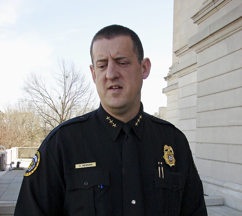 In this Jan. 31, 2017, photo, Trumann Police Chief Chad Henson is interviewed outside the state Capitol in Little Rock, Ark., about a bill that would prohibit the general release of videotape depicting the death of a law enforcement officer in the line of duty. A recording of a Trumann officer being shot dead in 2011 continues to pop up in social media feeds of the officer's family nearly six years later. The state Senate could vote on the measure as early as Thursday afternoon, March 9, 2017.