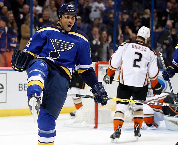 The Blues' Ryan Reaves celebrates after scoring during the second period of Friday's game against the Ducks in St. Louis.