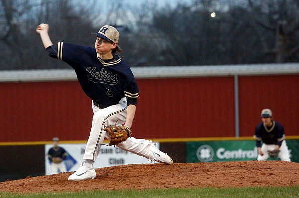 Helias pitcher Brandon Ferguson delivers to the plate against Blair Oaks during Friday night's Jamboree at Vivion Field.