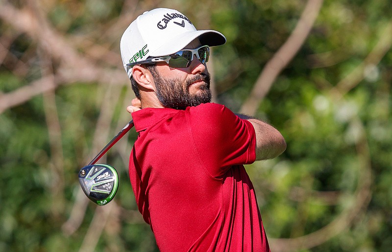 Adam Hadwin follows through on a drive on the 11th hole during the third round of the Valspar Championship golf tournament Saturday, March 11, 2017, at Innisbrook in Palm Harbor, Fla. 