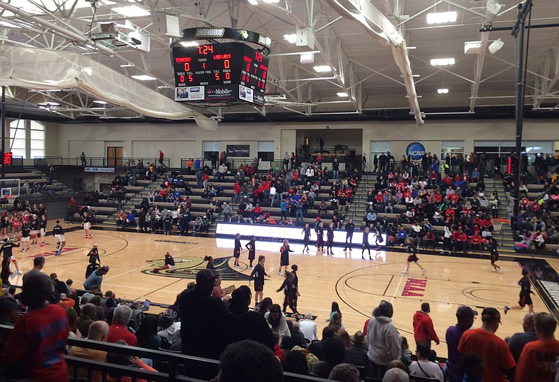 Players warm up Saturday in advance of the Class 5 girls quarterfinal at Lindenwood between Jefferson City and Kirkwood.