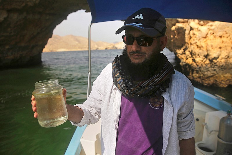 In this Feb. 26, 2017 photo, marine biologist Khalid al-Hashmi, 50, holds a jar with a sample of an algae blooming in the Gulf of Oman. Al-Hashmi, a marine biologist at the Sultan Qaboos University in Oman, wrinkles his nose as the research vessel nears the bloom. "Sea stench," he says, referring to the algae's ammonia secretions. "It's here, you can smell it." 