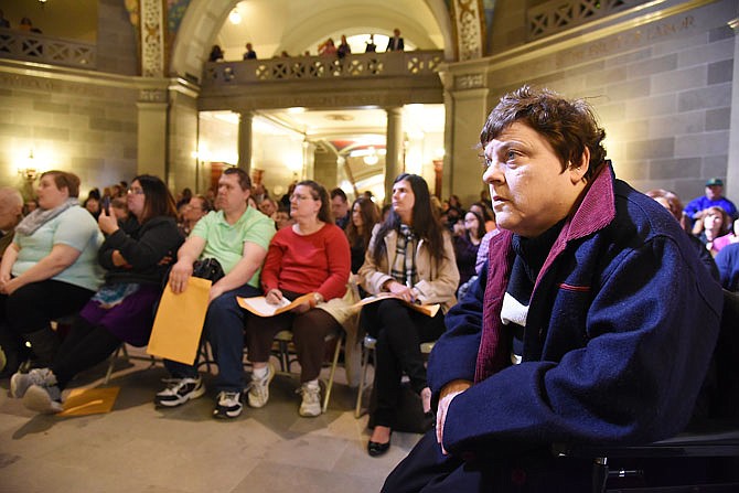 Becky Dickey was one of hundreds of Missourians with disabilities and supporters who were on hand Wednesday at the Capitol for Disability Rights Legislative Day. Dickey is a Jefferson City resident who works part time at the Department of Mental Health and is a regular attendee to this event.