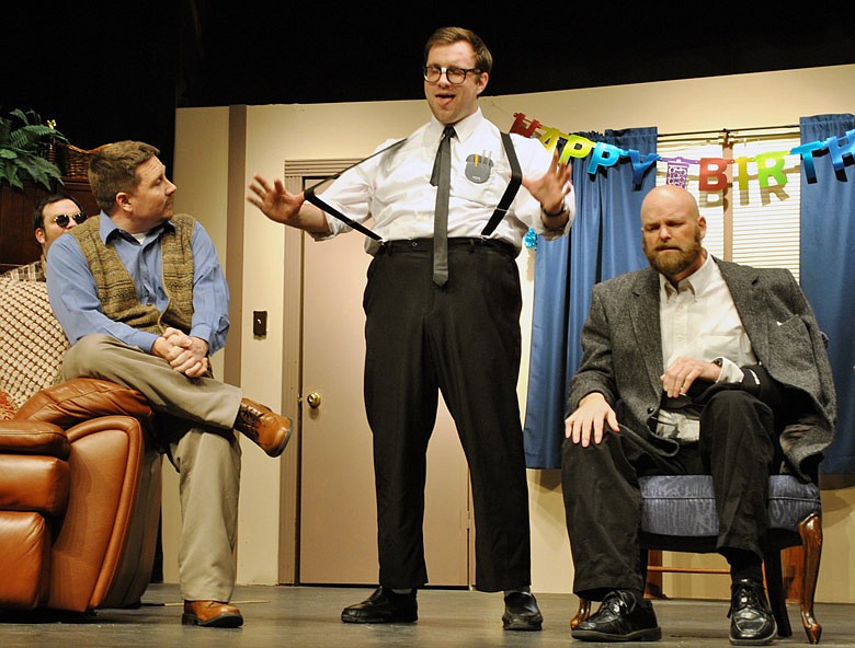 Patrick Wood, center, rehearses a scene as Rick Steadman, alongside Curtis Cunningham, playing Willum Cubbert at left, and Mark Sidebottom, playing Warnock Waldgrave, in "The Nerd" on March 9, 2017 at The Royal Theatre in downtown Versailles, Mo.