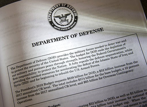 Proposals for the Defense Department in President Donald Trump's first budget are displayed at the Government Printing Office in Washington, Thursday, March, 16, 2017. 