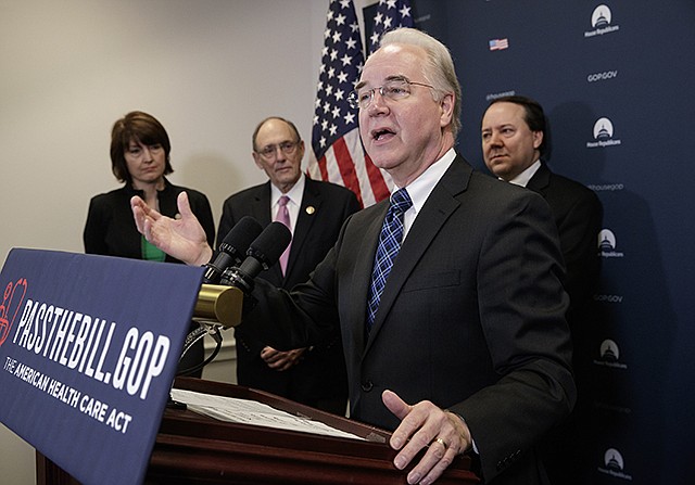 Health and Human Services Secretary Tom Price, joined by, from left, Rep. Cathy McMorris Rodgers, R-Wash., chair of the Republican Conference, Rep. Phil Roe, R-Tenn., and Rep. Pat Tiberi, R-Ohio, speaks Friday during a news conference on Capitol Hill in Washington, as House Republicans push for unity in advancing the GOP's "Obamacare" replacement bill.