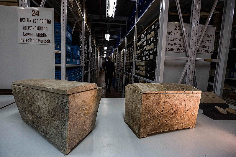 Ossuaries with inscriptions with Hebrew letters forming the word "Yeshua", or Jesus, are stored in Israel's antiquities authority storeroom, in Beit Shemesh, Israel, Sunday, March 19, 2017. Israel's antiquities authority opened up its vast storeroom to reporters Sunday for a peek at select artifacts from the time of Jesus. Experts say they have yet to find direct archaeological evidence of the Jewish preacher who died on the cross and changed the course of history. 