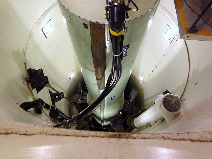 A mockup of a Minuteman 3 nuclear missile is used for training by missile maintenance crews at F. E. Warren Air Force Base, Wyoming. The Air Force is quietly shrinking its deployed force of long-range nuclear missiles as part of a holdover Obama administration plan to comply with an arms control treaty with Russia.
