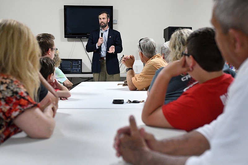 Dr. Donald Douglas introduces himself to residents of Fouke, Ark., and explains his background in medical care during a meet and greet at the Stanley Davis Community Center in Fouke.  Douglas will soon be opening a health clinic in Fouke with plans to operate five days a week with hopes of also opening a food pantry in the future. Douglas currently runs multiple clinics in Texarkana, including the Grace Clinic downtown. 