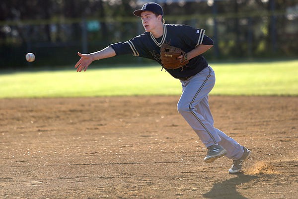 Helias second baseman Parker Schnieders flips the ball to first during a game last season against St. Dominic at the American Legion Sports Complex.