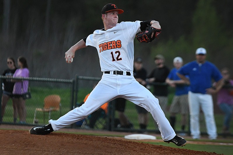 Texas High pitcher Colby Adkins throws against Sulphur Springs  on Tuesday at Tiger Field in Texarkana, Texas.