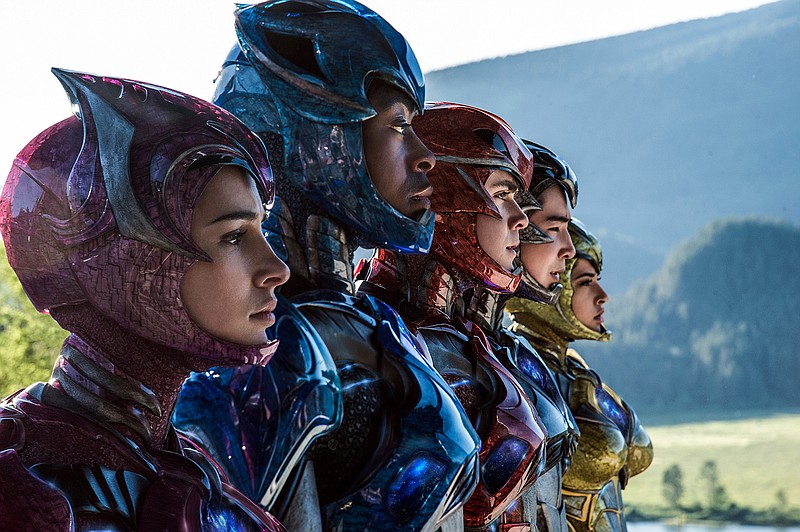 In this image released by Lionsgate, Naomi Scott, from left,  RJ Cyler, Dacre Montgomery, Ludi Lin and Becky G appear in a scene from, "Power Rangers." 
