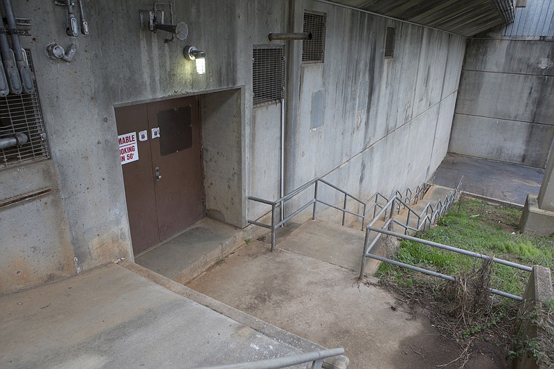 The entrance to the Millwood Lake dam fallout shelter is shown. Construction on the dam began in 1961 and was completed in 1966