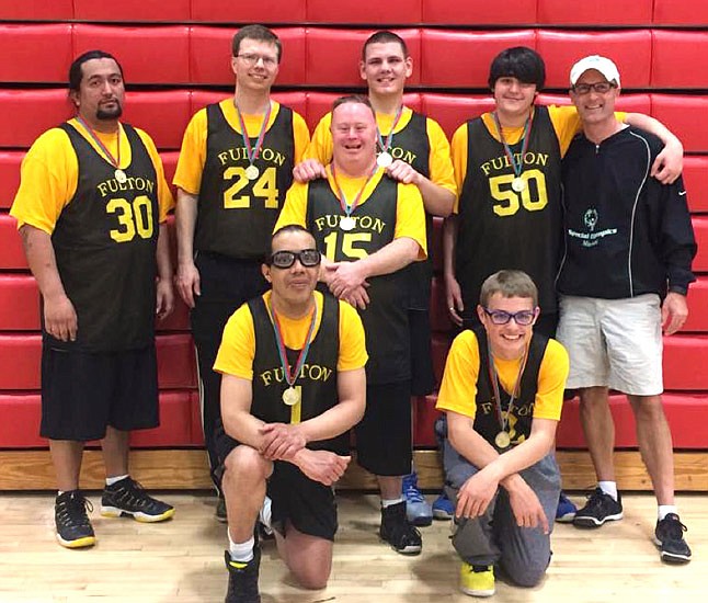 The Fulton Special Olympics Unified basketball team members are, left to right: front row — Nathan
McGowan and Aiden Petterson; middle row — Joey Garrard, and back row — Anthony Flores, Brice Windsor,
Josh Couch, Michael Hyde and Ken Petterson. Not pictured: Ed Robins, Haydon Windsor and Ethan Medrow.