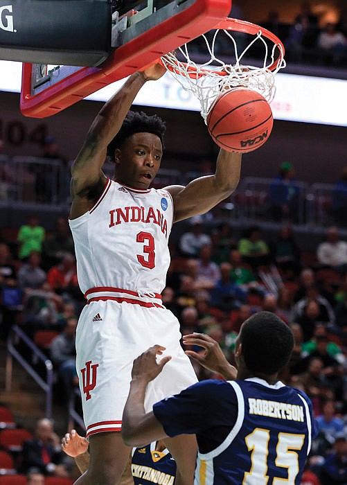 OG Anunoby of Indiana dunks the ball during an NCAA Tournament game in 2016 in Des Moines, Iowa. The former Jefferson City Jay may declare for the NBA draft.