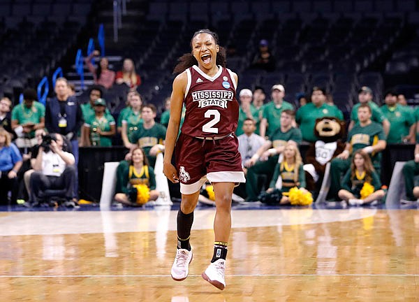 Mississippi State's Morgan William celebrates at the conclusion of Sunday's regional final of the NCAA Tournament against Baylor in Oklahoma City.