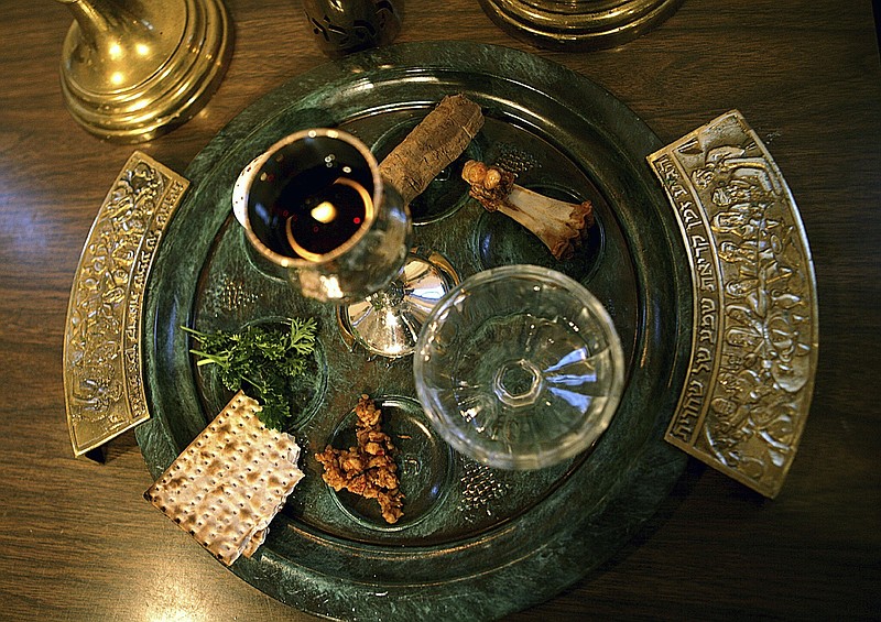 A traditional Passover seder plate is seen in 2006 at Congregation Beth El in Tyler, Texas, on the first night of Passover.