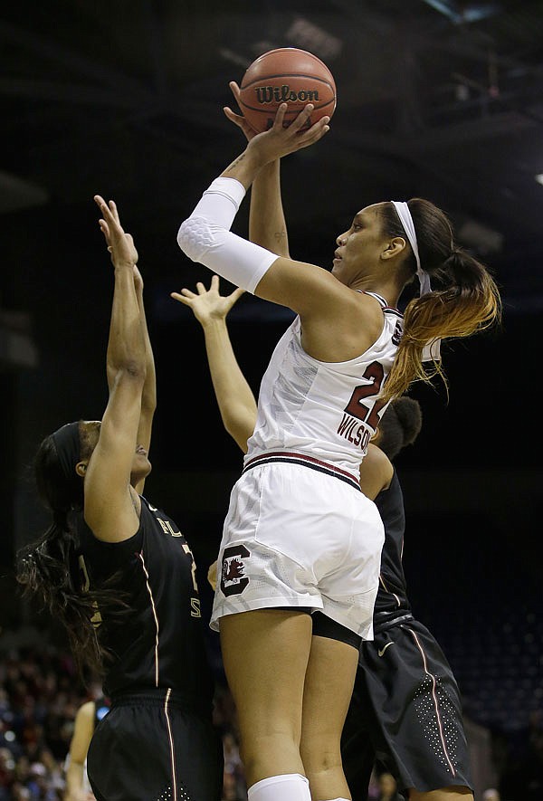 South Carolina's A'ja Wilson goes up for the shot against Florida State's Ivey Slaughter during the first half of Monday's regional final in the NCAA Tournament in Stockton, Calif.