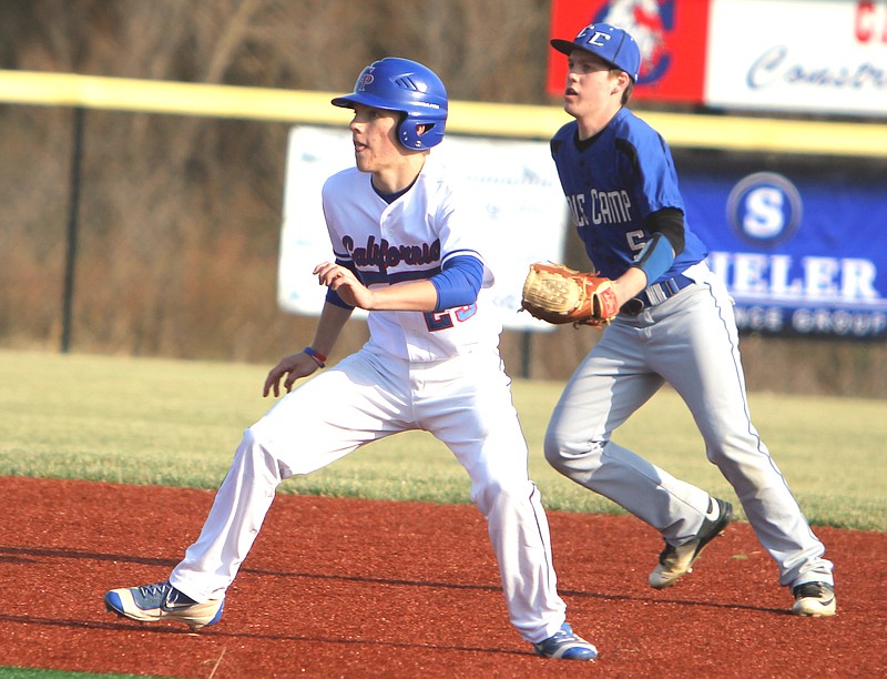 California baserunner Cory Stephens and Cole Camp shortstop Jaycee Farrar react to a pitch in last Tuesday's game.