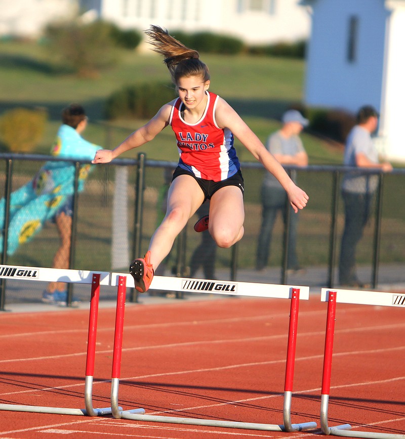 California freshman Allison Bailey competes in the 300 meter hurdles in Thursday's California Open.