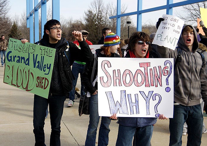 Students protest the shooting of an unarmed Grand Valley State University student in the "Free Speech Zone" at Grand Valley State University in Allendale, Michigan.