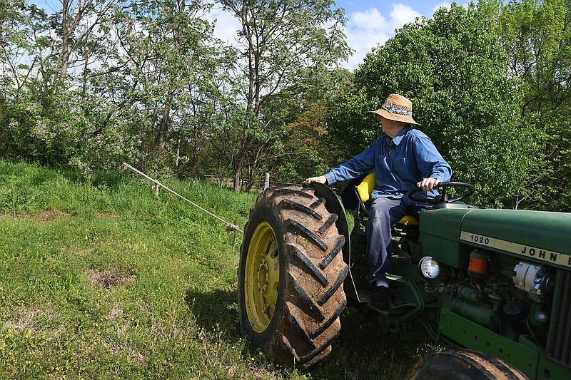 Ed Bowman looks back as he tries to uproot an unwanted chinaberry tree on the edge of his property with his John Deere 1020 tractor Wednesday in Texarkana. "The blooms are pretty, but in the end the tree is just a pest," Bowman said.
