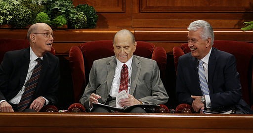 The Church of Jesus Christ of Latter-day Saints President Thomas S. Monson, center, First Counselor Henry B. Eyring, left, and Second Counselor Dieter F. Uchtdorf, right, look on during the morning session of the two-day Mormon church conference Saturday, April 1, 2017, in Salt Lake City. Mormons will hear guidance and inspiration from the religion's top leaders during a church conference this weekend in Salt Lake City as well as getting an update about church membership statistics.