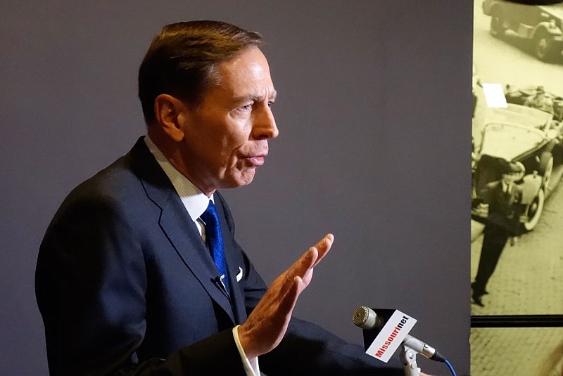 Retired Gen. David Petraeus speaks with members of the news media Saturday, April 1, 2017 before the events of the Churchill Fellows Weekend got underway in Fulton.