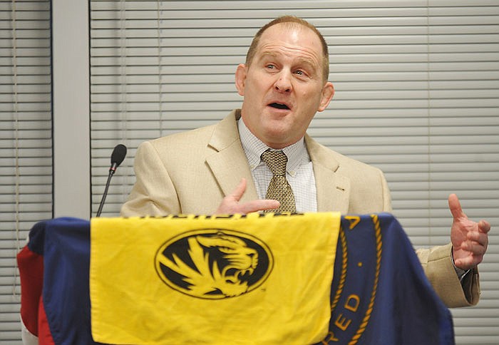 An animated Brian Smith, MU's wrestling coach, delivers the keynote speech Monday, April 3, 2017, during the Friends of Scouting Patron Breakfast.