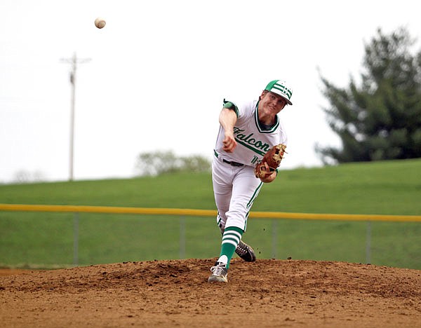 Blair Oaks pitcher Jason Rackers delivers to the plate in the third inning against Southern Boone during Tuesday's game at the Falcon Athletic Complex.