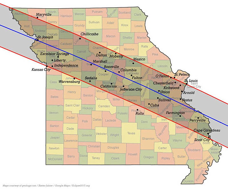 The path of a solar eclipse through Missouri on Aug. 21, 2017.