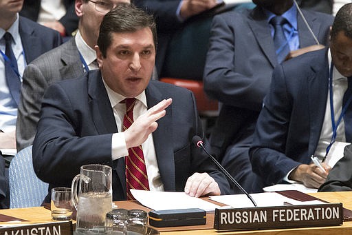 Russia's deputy U.N. ambassador Vladimir Safronkov speaks during a Security Council meeting on the situation in Syria, Friday, April 7, 2017 at United Nations headquarters. 