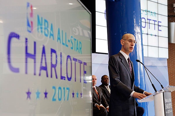 In this June 23, 2015, file photo, NBA commissioner Adam Silver speaks during a news conference in Charlotte, N.C.. The NBA announced Charlotte is eligible to host the 2019 All-Star Game.