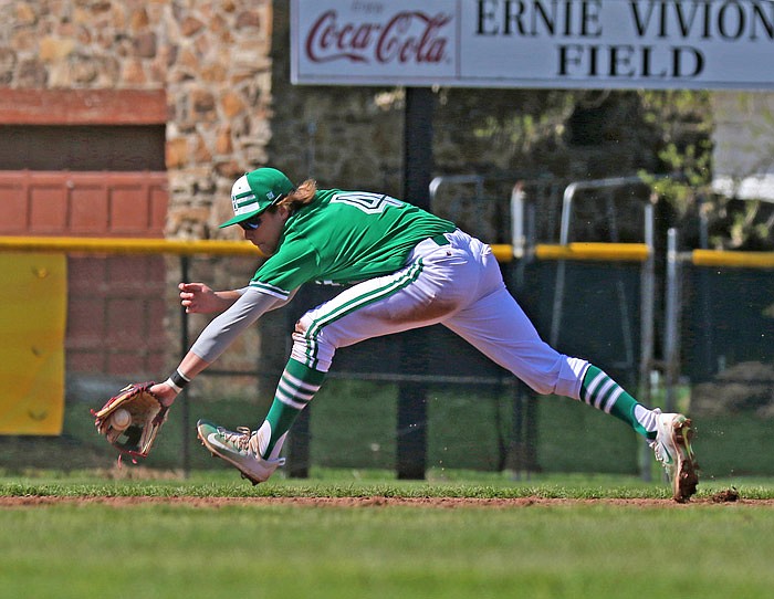 Blair Oaks shortstop Ryan Paschal snags a ground ball during the sixth inning of the third-place game of the Capital City Invitational against Hickman on Saturday, April 8, 2017 at Vivion Field in Jefferson City.