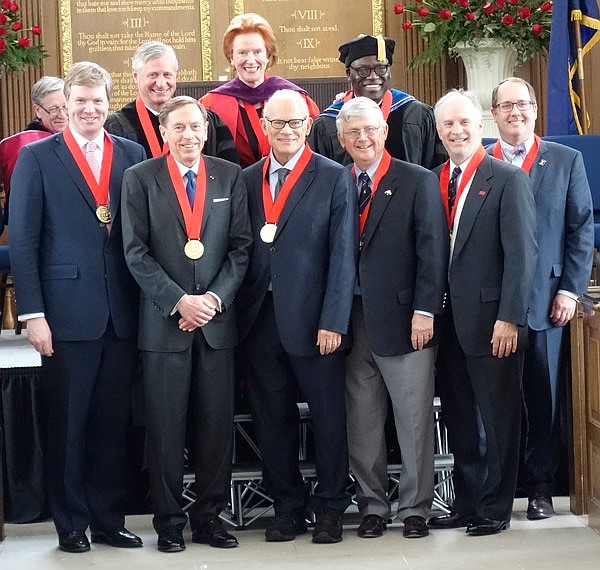 With R. Crosby Kemper III, far right, looking on, new Churchill Fellows were inducted Saturday, April 1, 2017. Pictured with Senior Churchill Fellow Edwina Sandys (a granddaughter of Winston Churchill) are, front row from left, Duncan Sandys, Ret. Gen. David Petraeus, William "Bill" Roedy, Richard C. Marsh, Lee Pollock and Harold Oakley. In the second row, from left, are Jon Meacham and Westminster President Benjamin Ola. Akande.