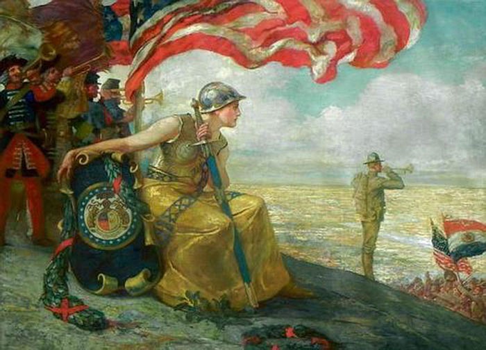 "The Call of Missouri" is a painting by the famed muralist Edwin Blashfield that was commissioned by the Kansas City Chapter of the Daughters of the American Revolution in 1918. The painting mysteriously disappeared from its original home in the early 1980s and his since been sold at auction and purchased by an unknown collector.