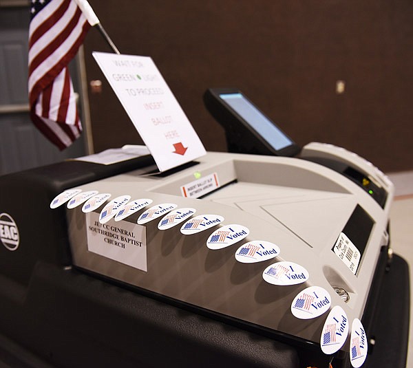 A voting machine is seen at the Southridge Baptist Church polling place in Jefferson City during elections on Tuesday, April 4, 2017.