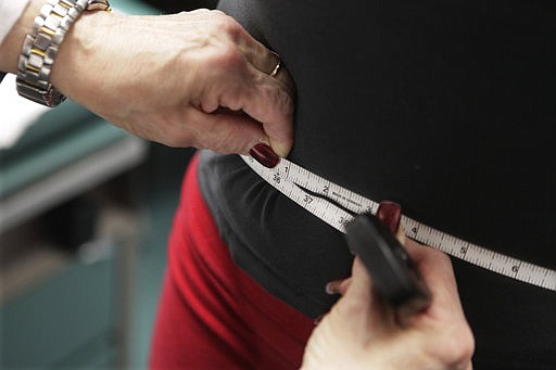 In this Jan. 20, 2010, file photo, a waist is measured during an obesity prevention study in Chicago. 