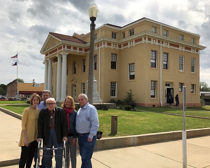 Connor Patman, son of the late U.S. Rep. Wright Patman, celebrates his 97th birthday with a tour of his childhood home in Linden, Texas. With him in front of the Cass County Courthouse are, from left, Debbie Patman Schimming and Alan Schimming of Texarkana, and Mary and Pat Patman of Santa Fe, N.M.