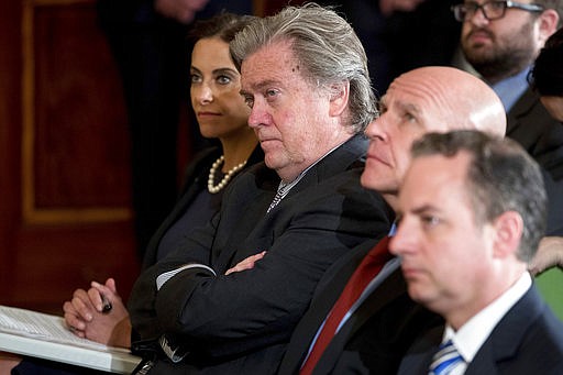 From left, White House Senior Counselor for Economic Initiatives Dina Powell, President Donald Trump's White House Senior Adviser Steve Bannon, National Security Adviser H.R. McMaster, and President Donald Trump's Chief of Staff Reince Priebus attend a news conference with President Donald Trump and NATO Secretary General Jens Stoltenberg in the East Room at the White House, Wednesday, April 12, 2017, in Washington.