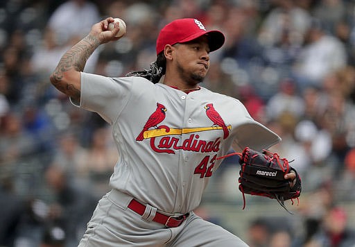 St. Louis Cardinals pitcher Carlos Martinez delivers against the New York Yankees during the first inning of a baseball game, Saturday, April 15, 2017, in New York.