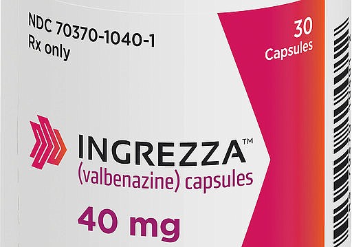 This photo provided by Neurocrine Biosciences, Inc. shows the label on a bottle of the drug Ingrezza. On Tuesday, April 11, 2017, the Food and Drug Administration approved Ingrezza, the first drug for treating a neurological syndrome that causes uncontrollable body movements that can also interfere with speech, swallowing and breathing. 