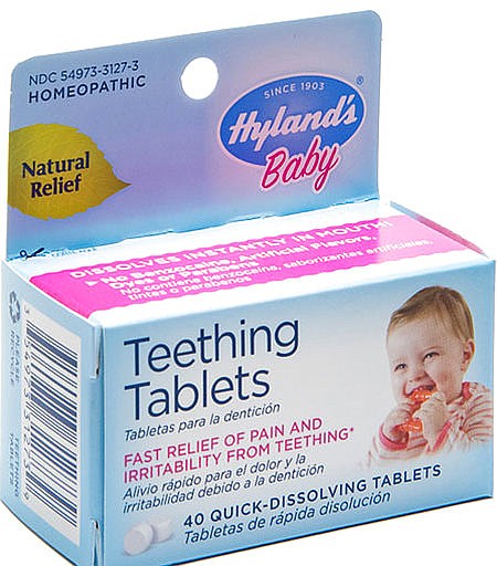 This image provided by the U.S. Food & Drug Administration shows Hyland's Baby Teething Tablets. The FDA said that two versions of Hyland's teething tablets are being recalled nationwide due to inconsistent levels of toxic belladonna, which makes them "a serious health hazard" to young children. The recall covers all Hyland's Baby Teething Tablets and Hyland's Baby Nighttime Teething Tablets, products meant to relieve discomfort from emerging teeth. 