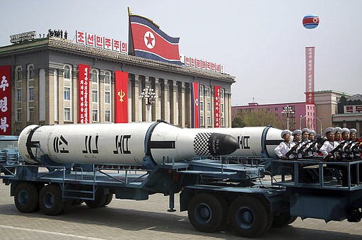 In this Saturday, April 15, 2017, file photo, a submarine missile is paraded across Kim Il Sung Square during a military parade in Pyongyang, North Korea to celebrate the 105th birth anniversary of Kim Il Sung, the country's late founder and grandfather of current ruler Kim Jong Un. 