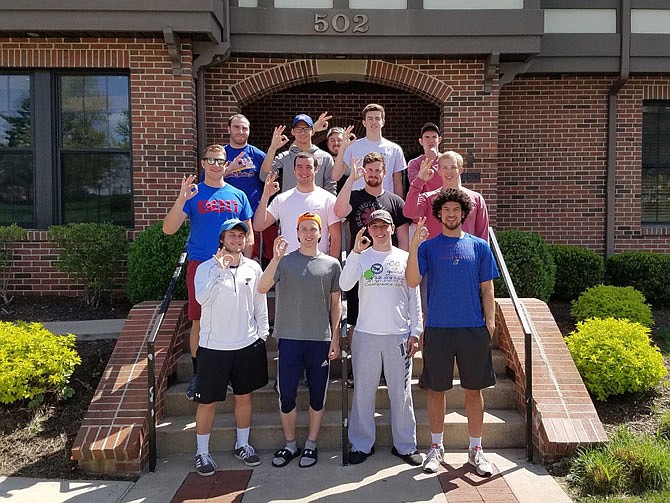 Members of Beta Theta Pi at Westminster College send a message that talking about depression and emotions is OK. Emir Mansfield, far back; back from left, Josh Jaycox, Jacob Dehesa, Jon Ruzzo, Brendan Boswell; middle from left, Ben Davis, Andy Ford, Devin Brown, Spencer Granger; and front from left, Sam Lenger Daniel Barone, Zach Gable and Jimmy Villalobos are participating in the suicide awareness campaign #ItsOkayToTalk.