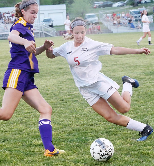 Tessa Sigmund of the Lady Jays makes a play for the ball during Wednesday's game against Hickman at the 179 Soccer Park.