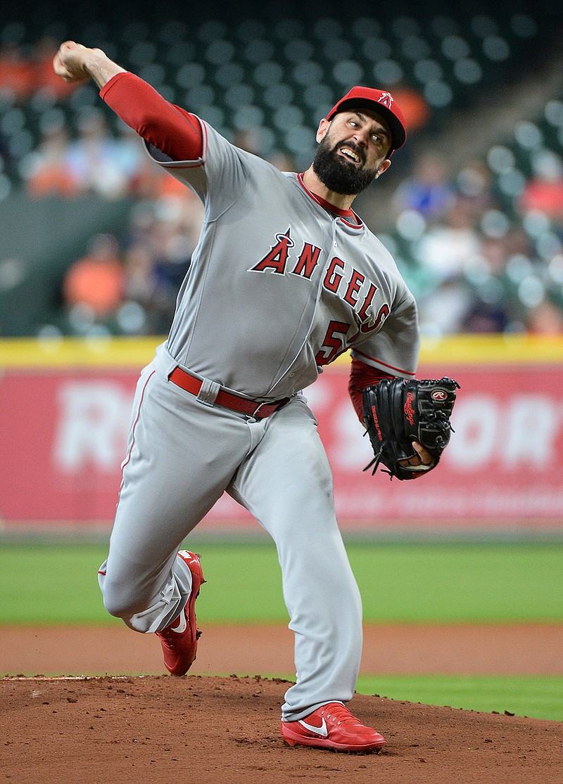 Los Angeles Angels starter Matt Shoemaker pitches against the Houston Astros in the first inning of a baseball game Thursday, April 20, 2017, in Houston. 