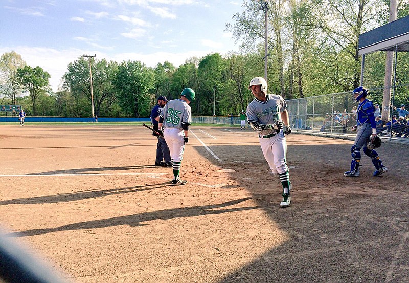 Mason Gipe hits a solo home run to center field Thursday, April 20, 2017 to extend Blair Oaks' lead over Fatima to 2-0. Fatima rallied to win the game 8-3.