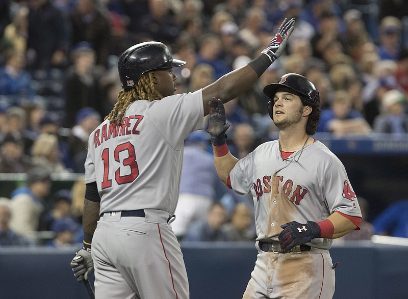 Boston Red Sox's Andrew Benintendi, right, is congratulated by teammate Hanley Ramirez after scoring on a 3-run double by Mookie Betts in the 10th inning of a baseball game against the Toronto Blue Jays in Toronto on Thursday, April 20, 2017.